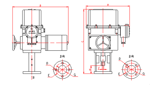 dkz-bd系列隔爆电子式角行程电动执行机构的外形及安装尺寸见,接线